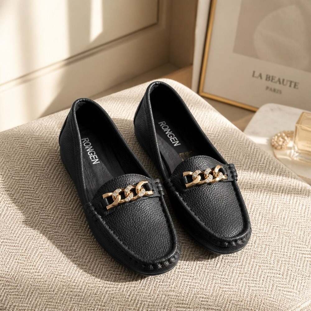 Rongen Black Women's Flat Loafers With Gold Rhinestone Chain Decor